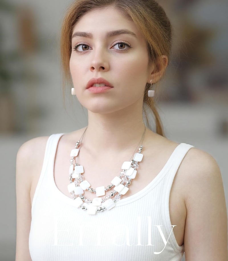 Errally Store Layered Beaded Statement Necklaces for Women Square Shell Bead Collar Necklace and Earring Set Birthday Gifts Boho Jewelry Sets for Women - Image 3
